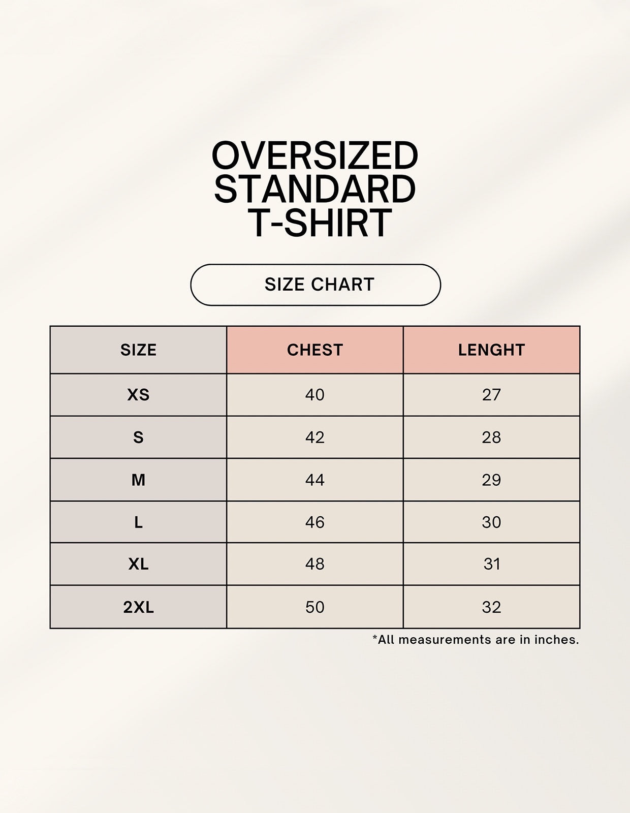 Frolic Saga oversized standard t-shirt size chart with chest and length measurements in inches.