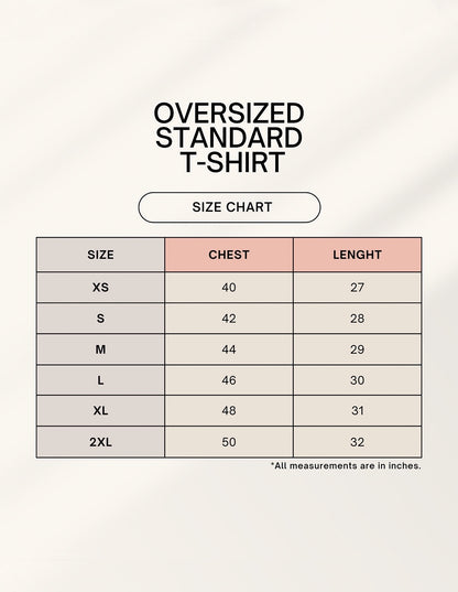 Frolic Saga oversized standard t-shirt size chart with chest and length measurements in inches.