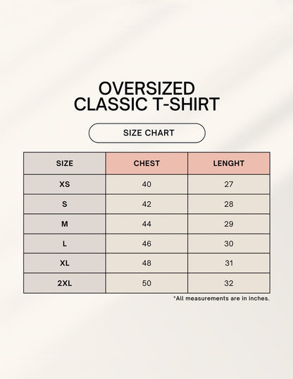 Frolic Saga oversized classic t-shirt size chart with chest and length measurements.
