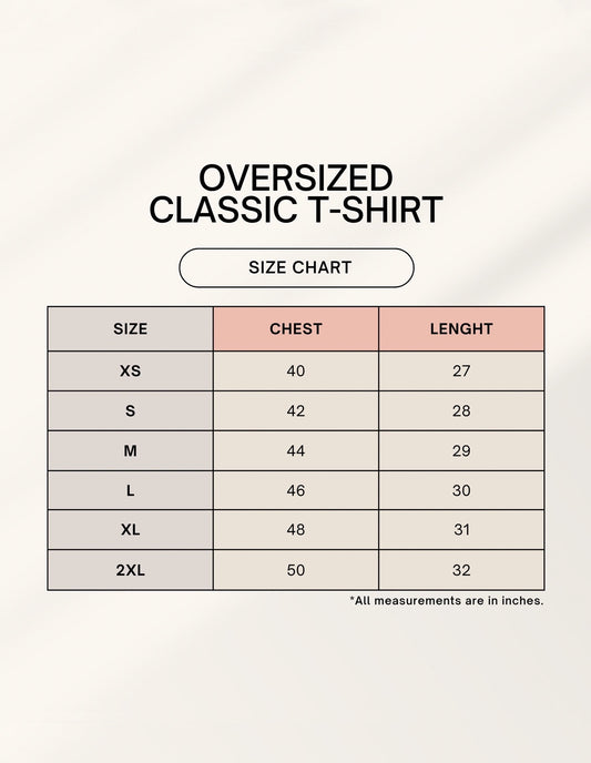 Frolic Saga oversized classic t-shirt size chart with chest and length measurements in inches.
