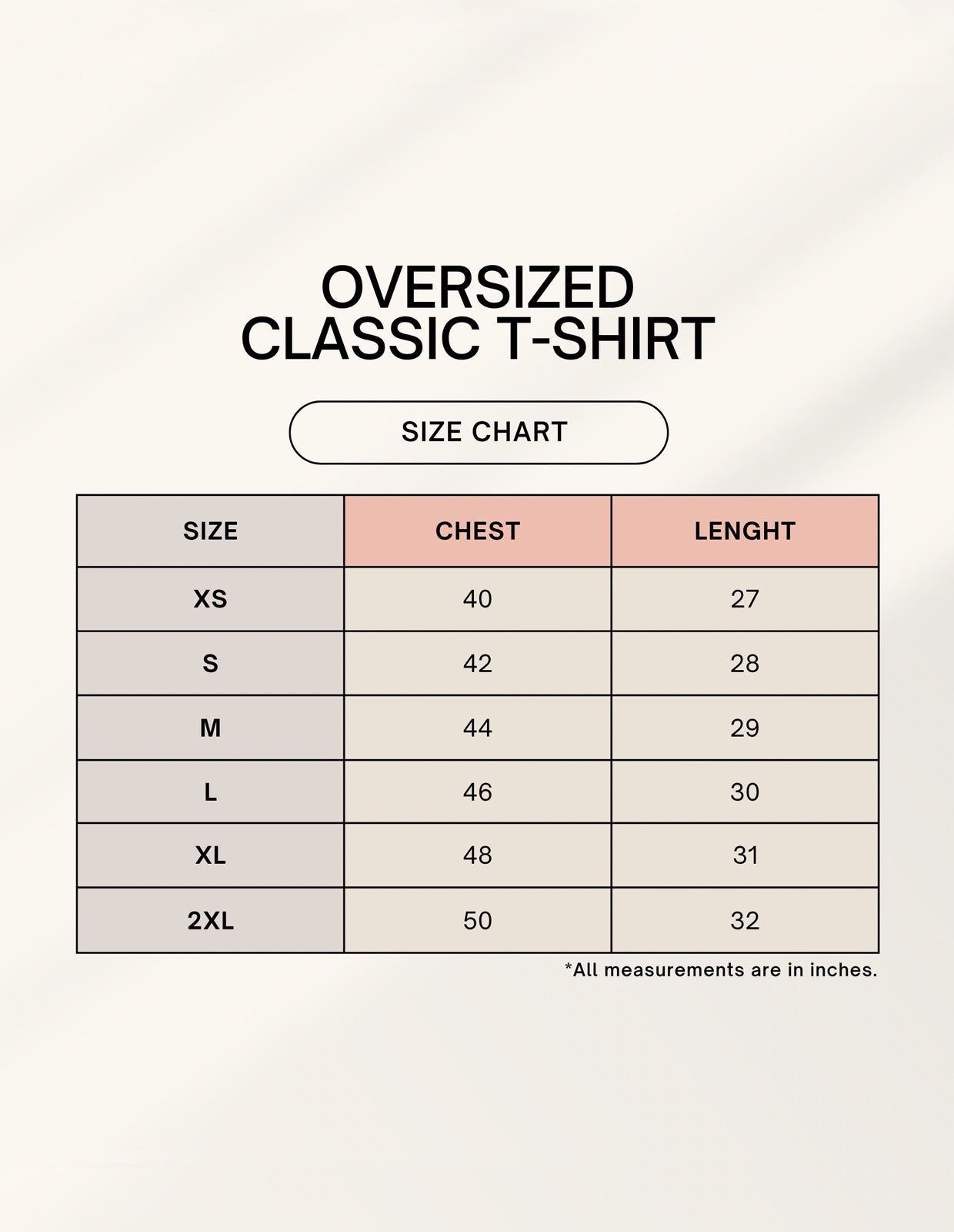 Frolic Saga unisex oversized classic t-shirt size chart with chest and length measurements in inches.