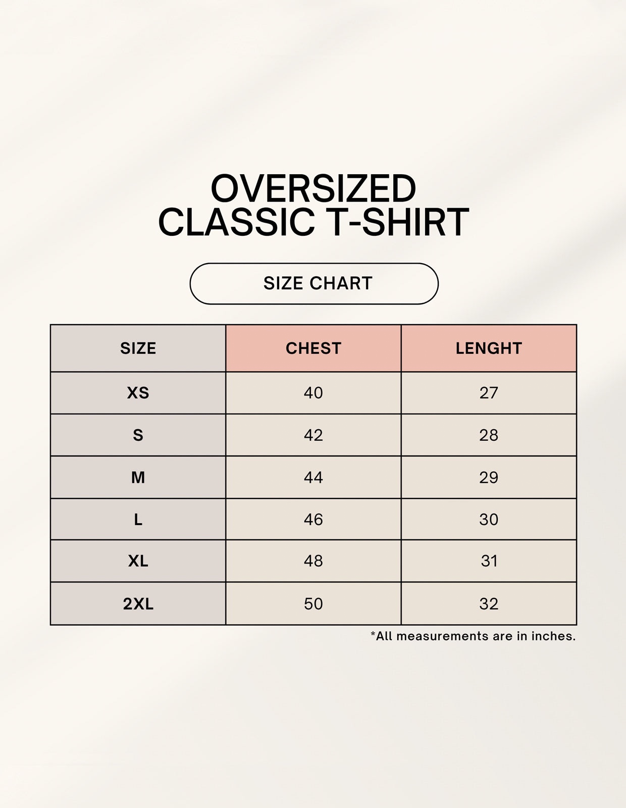 Frolic Saga oversized classic t-shirt size chart with chest and length measurements for sizes XS to 2XL.
