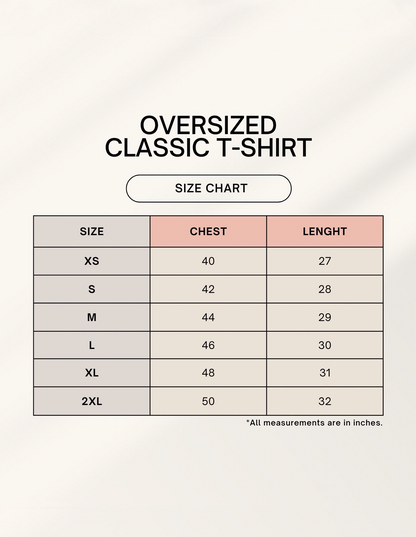 Frolic Saga oversized classic t-shirt size chart with chest and length measurements for sizes XS to 2XL.