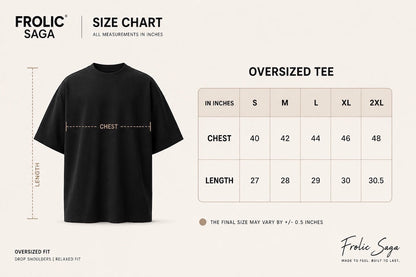 Frolic Saga oversized black t-shirt size chart with chest and length measurements for unisex streetwear fit.