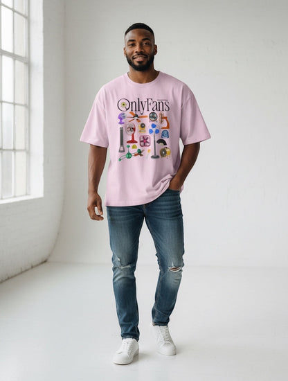 Frolic Saga light pink oversized cotton t-shirt with a graphic collage of various fans and the text "OnlyFans" on the front.