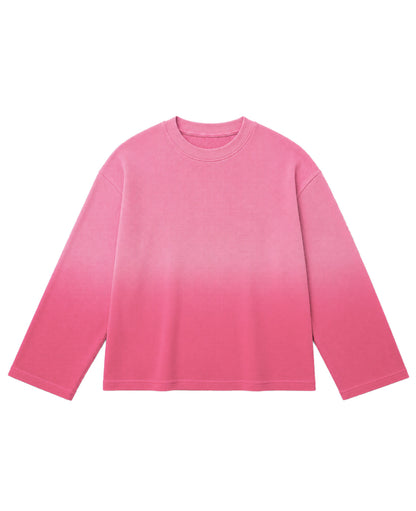 Pink ombre waffle knit oversized full sleeve tee, front view with pale-to-bold pink fade - Frolic Saga Bare Minimum