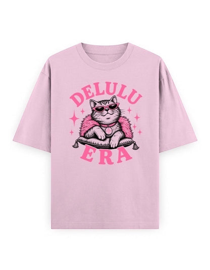 Frolic Saga Unisex oversized classic t-shirt in pink, 100% cotton with a graphic of a cat wearing sunglasses and a pink fluffy boa.