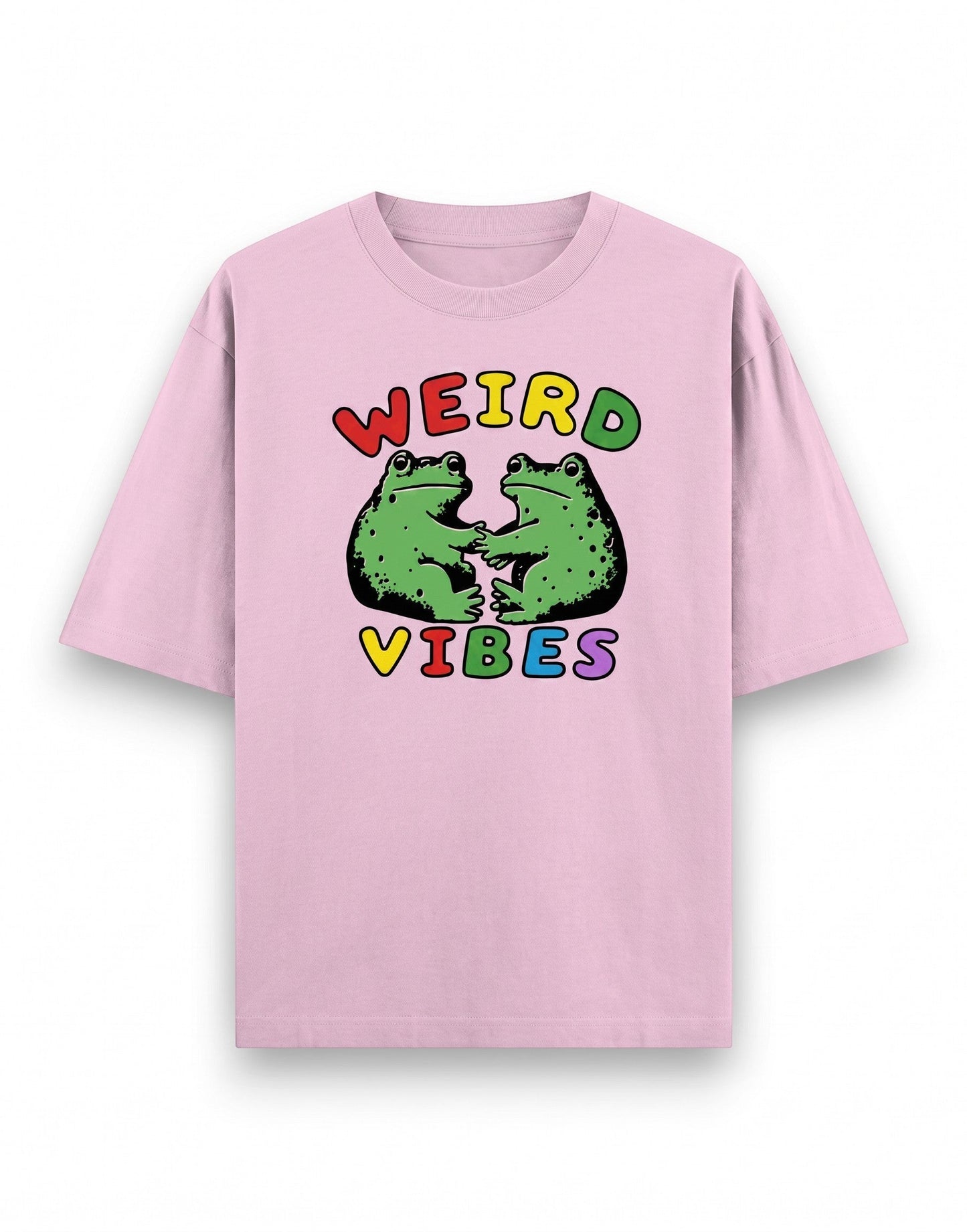 Frolic Saga light pink heavyweight cotton oversized t-shirt with Weird Vibes frog graphic print.