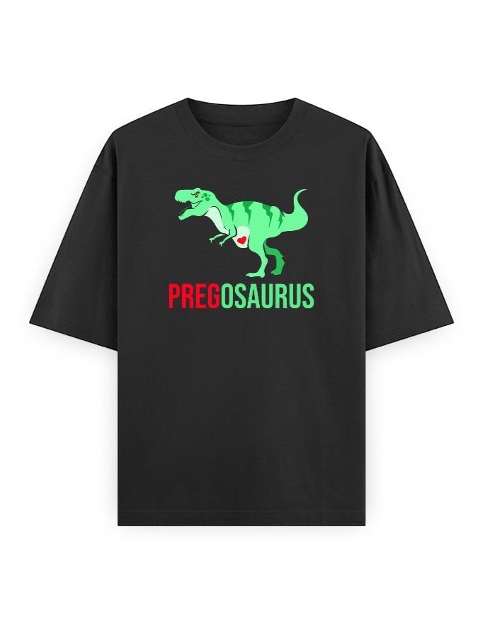Frolic Saga black 100% cotton oversized t-shirt with a green T-Rex graphic and "PREGOSAURUS" text.