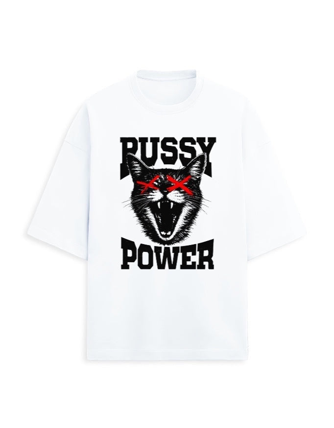 Frolic Saga white oversized tee with bold black graphic of a cat's face with red X's over the eyes and the words "Pussy Power" in black text.