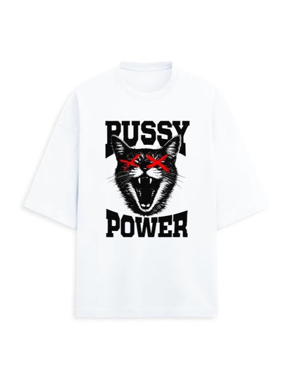 Frolic Saga white oversized tee with bold black graphic of a cat's face with red X's over the eyes and the words "Pussy Power" in black text.