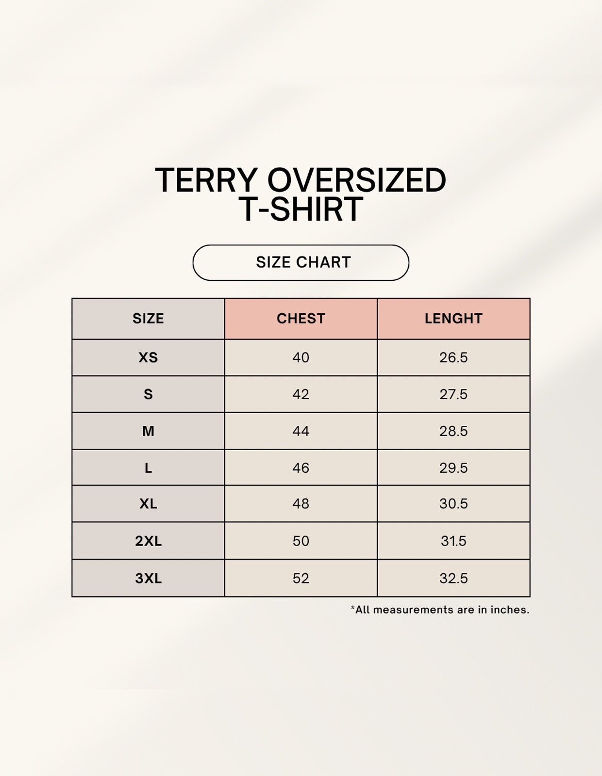 Frolic Saga Pussy Power Oversized Tee size chart with chest and length measurements for sizes XS to 3XL.