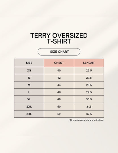 Frolic Saga Pussy Power Oversized Tee size chart with chest and length measurements for sizes XS to 3XL.