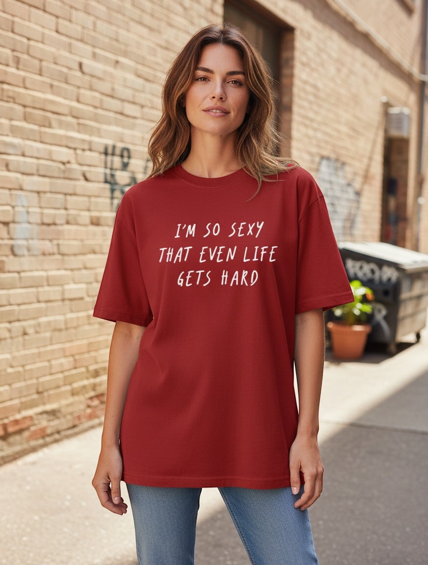 Frolic Saga unisex oversized classic t-shirt in red, 100% cotton with white text graphic.