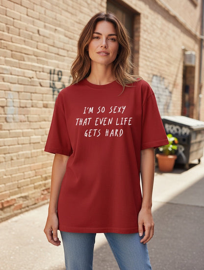 Frolic Saga unisex oversized classic t-shirt in red, 100% cotton with white text graphic.