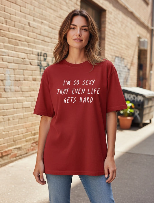 Frolic Saga unisex oversized classic t-shirt in red, 100% cotton with white text graphic.