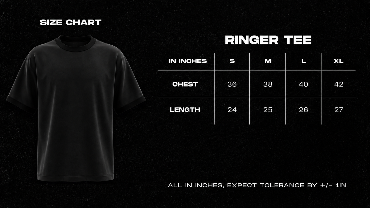 Frolic Saga ringer tee size chart with chest and length measurements in inches for S to XL