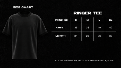 Frolic Saga ringer tee size chart with chest and length measurements in inches for S to XL