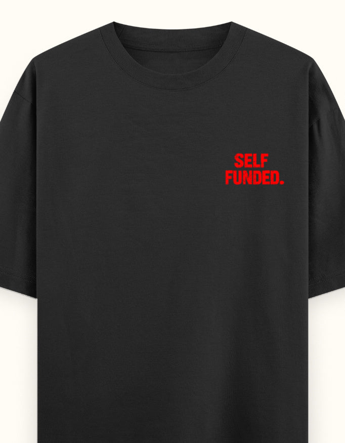 Self Funded black oversized tee, front left chest print in red - Frolic Saga