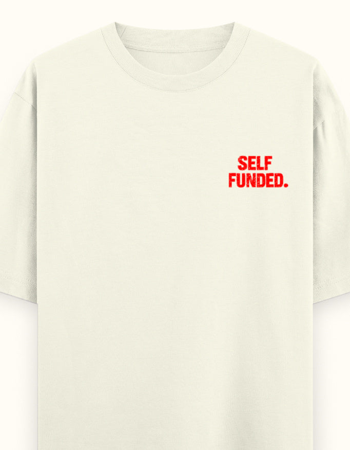Self Funded off white oversized tee, front left chest print in red - Frolic Saga
