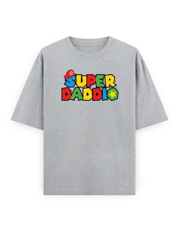 Frolic Saga grey 100% cotton unisex oversized t-shirt with 'Super Daddi' graphic in Mario font style.