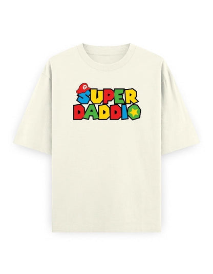 Frolic Saga unisex oversized cream 100% cotton t-shirt with "Super Daddi" graphic in Mario font.