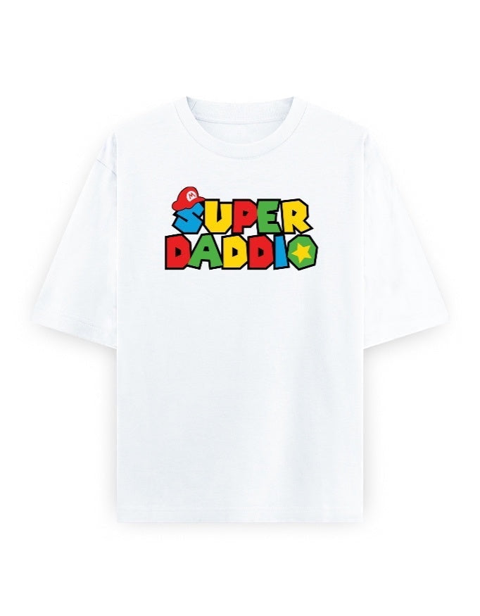 Frolic Saga white 100% cotton oversized t-shirt with colorful "Super Daddi" Super Mario-inspired graphic.
