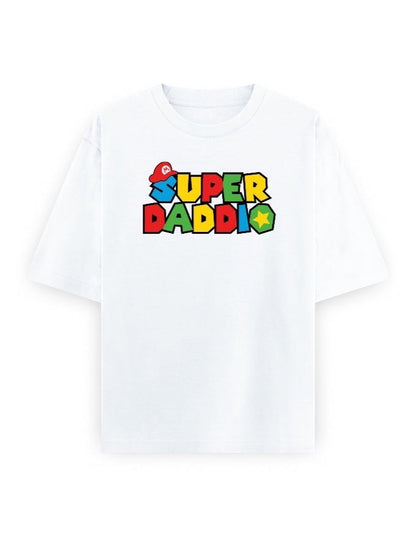 Frolic Saga white 100% cotton oversized t-shirt with colorful "Super Daddi" Super Mario-inspired graphic.