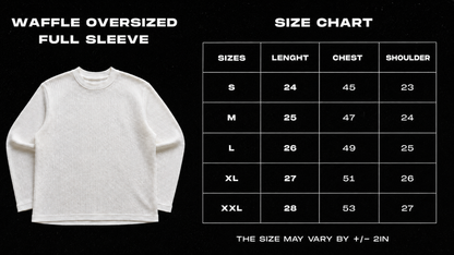 Frolic Saga waffle knit full sleeve tee size chart with chest and length measurements in inches