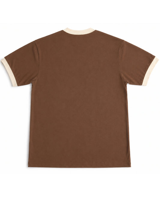 Wake Up, It's Time To Sin mousse and cream ringer tee, back view - Frolic Saga