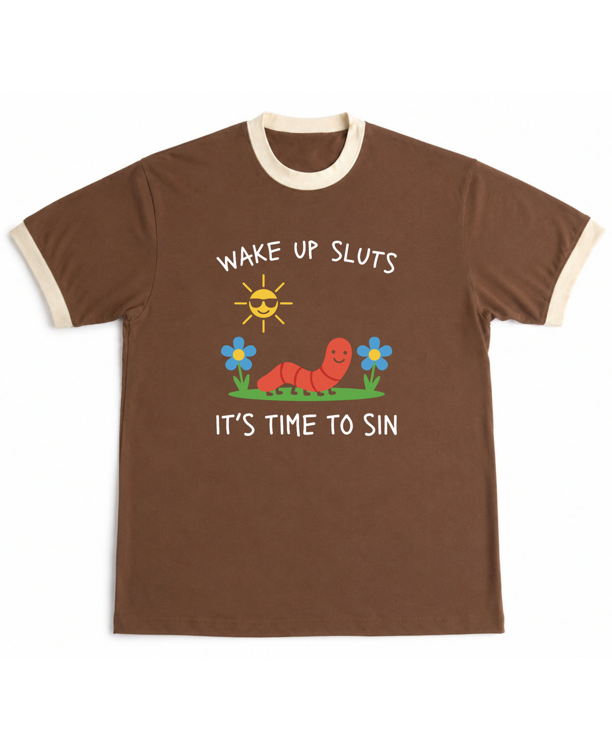 Wake Up, It's Time To Sin mousse and cream ringer tee, front graphic with worm, flowers and sun - Frolic Saga