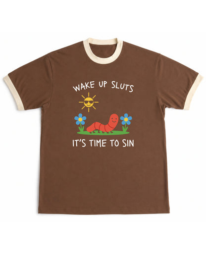 Wake Up, It's Time To Sin mousse and cream ringer tee, front graphic with worm, flowers and sun - Frolic Saga
