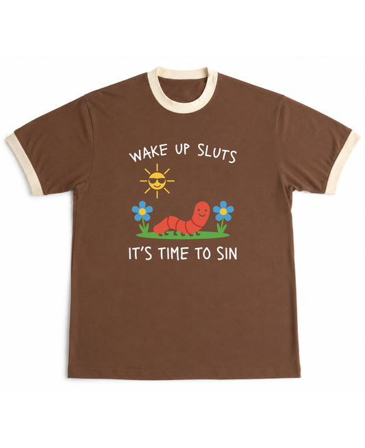 Wake Up, It's Time To Sin mousse and cream ringer tee, front graphic with worm, flowers and sun - Frolic Saga