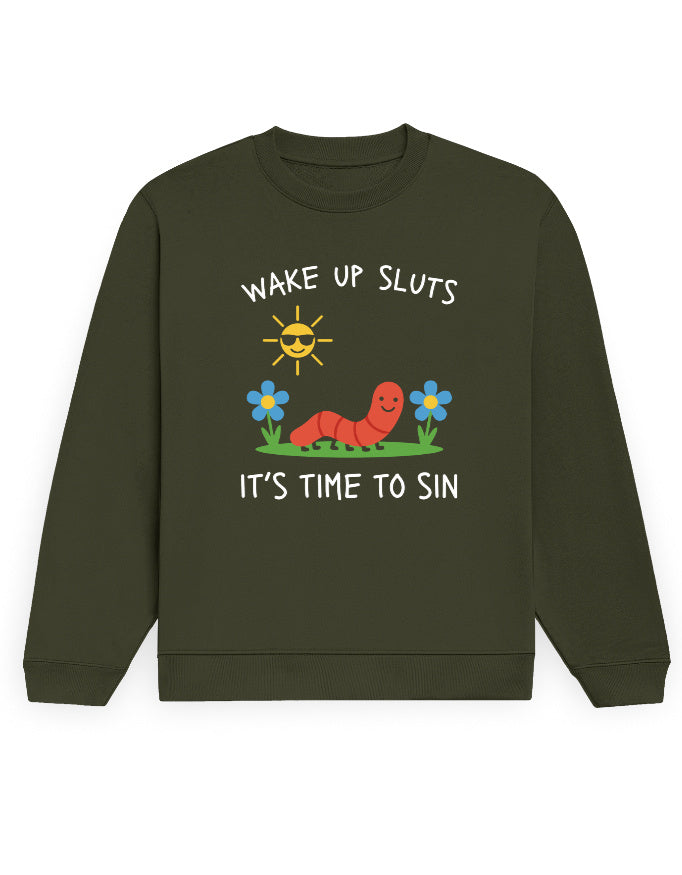Wake Up, It's Time To Sin olive green sweatshirt, front cartoon graphic with worm, flowers and sun - Frolic Saga