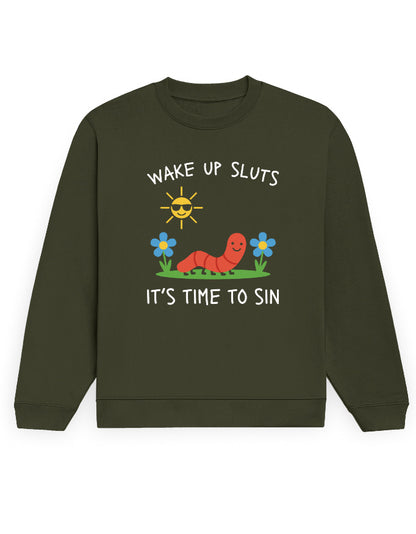 Wake Up, It's Time To Sin olive green sweatshirt, front cartoon graphic with worm, flowers and sun - Frolic Saga