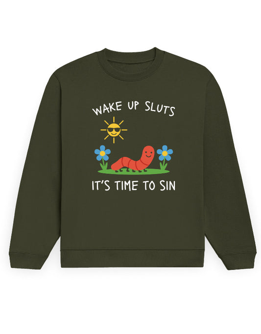 Wake Up, It's Time To Sin olive green sweatshirt, front cartoon graphic with worm, flowers and sun - Frolic Saga