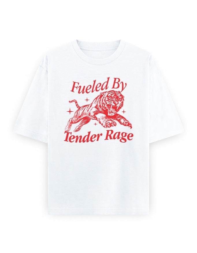 Frolic Saga white 100% cotton oversized t-shirt with red vintage tiger graphic and