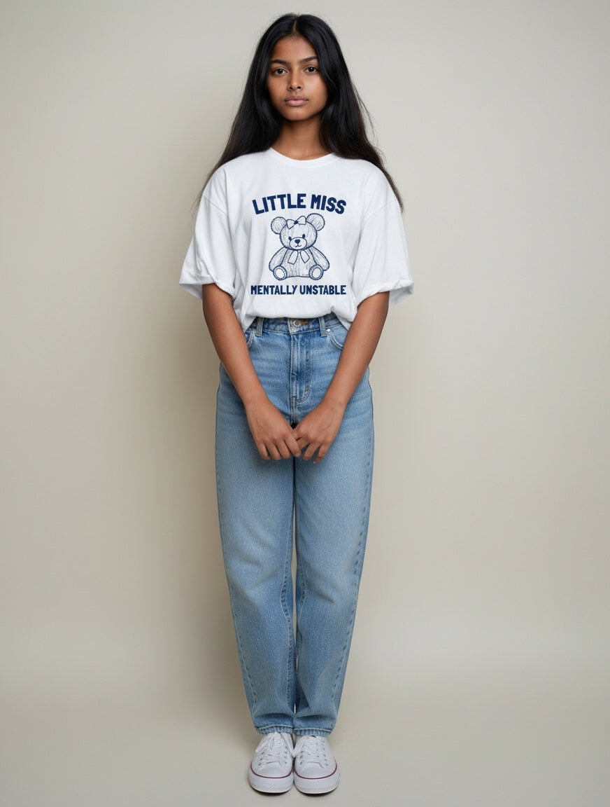 Frolic Saga white oversized cotton t-shirt with a navy graphic of a teddy bear and text "Little Miss Mentally Unstable".