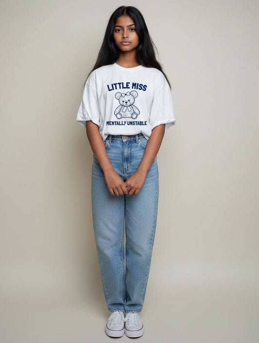 Frolic Saga white oversized cotton t-shirt with a navy graphic of a teddy bear and text "Little Miss Mentally Unstable".