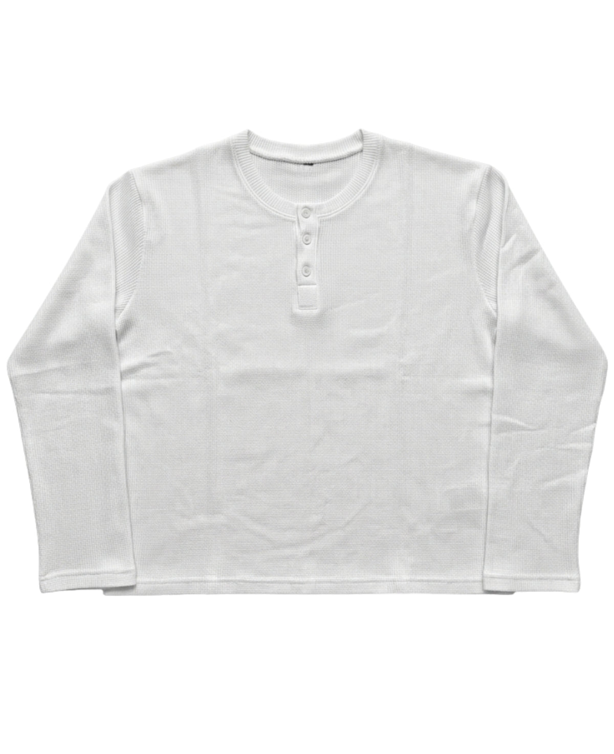White Henley waffle knit oversized full sleeve tee, front view with button placket - Frolic Saga Bare Minimum