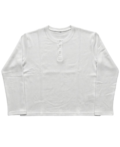 White Henley waffle knit oversized full sleeve tee, front view with button placket - Frolic Saga Bare Minimum