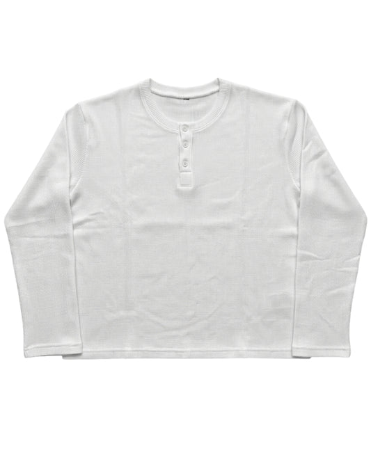 White Henley waffle knit oversized full sleeve tee, front view with button placket - Frolic Saga Bare Minimum