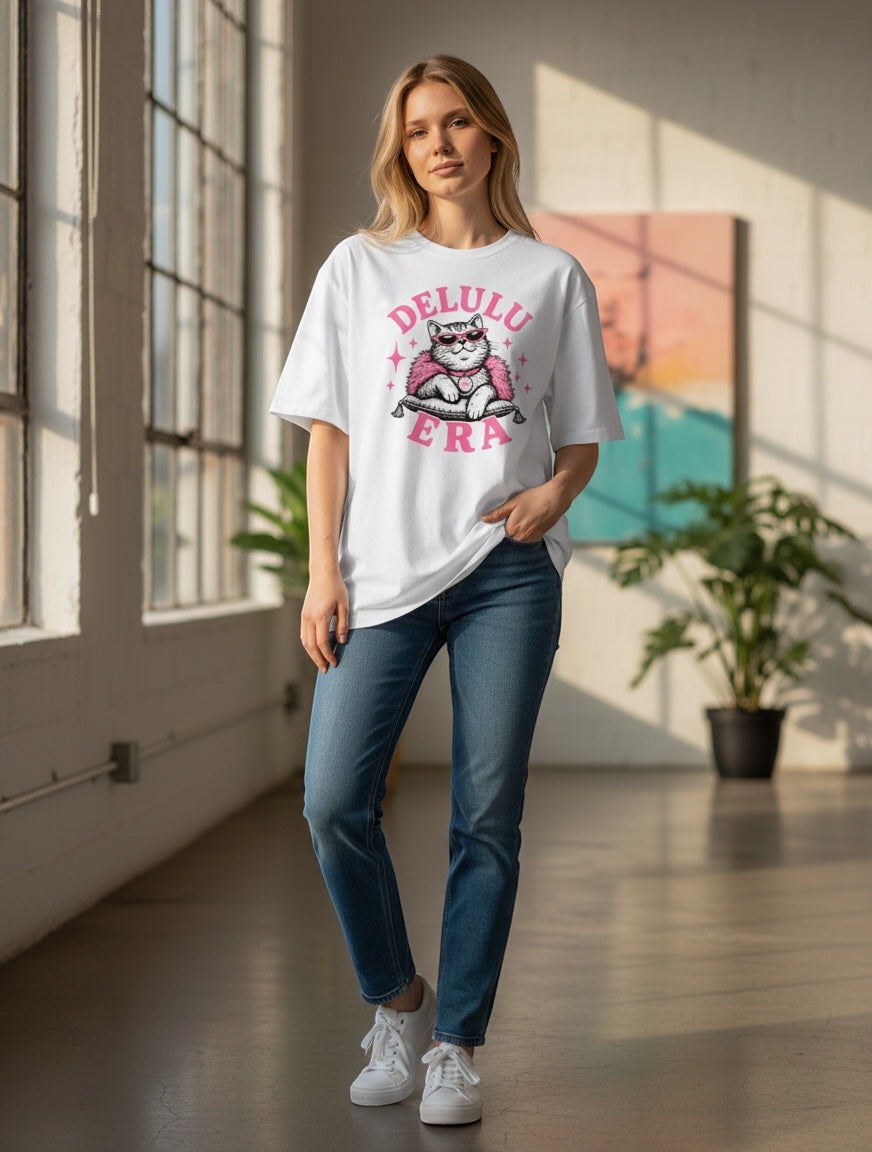 Frolic Saga white 100% cotton oversized t-shirt with a pink graphic of a cat wearing sunglasses and a pink boa.