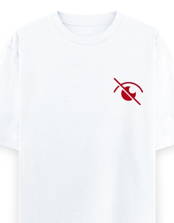 Frolic Saga white 100% cotton oversized t-shirt with a small red eye graphic with a slash through it on the left chest.