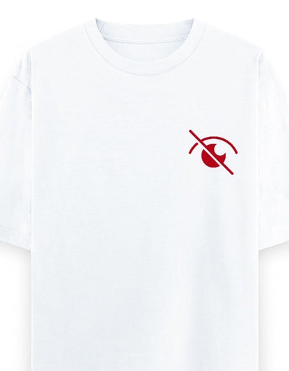 Frolic Saga white 100% cotton oversized t-shirt with a small red eye graphic with a slash through it on the left chest.