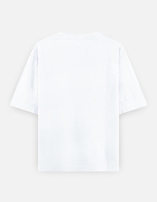 Frolic Saga white oversized 100% cotton t-shirt with drop shoulders and graphic print.