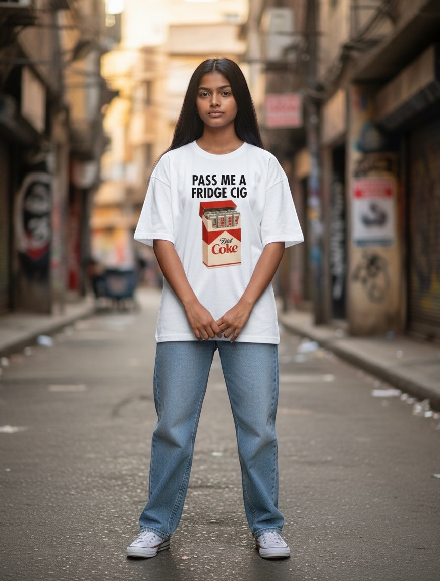 Frolic Saga white 100% cotton oversized tee with "Pass Me a Fridge Cig" and Diet Coke graphic