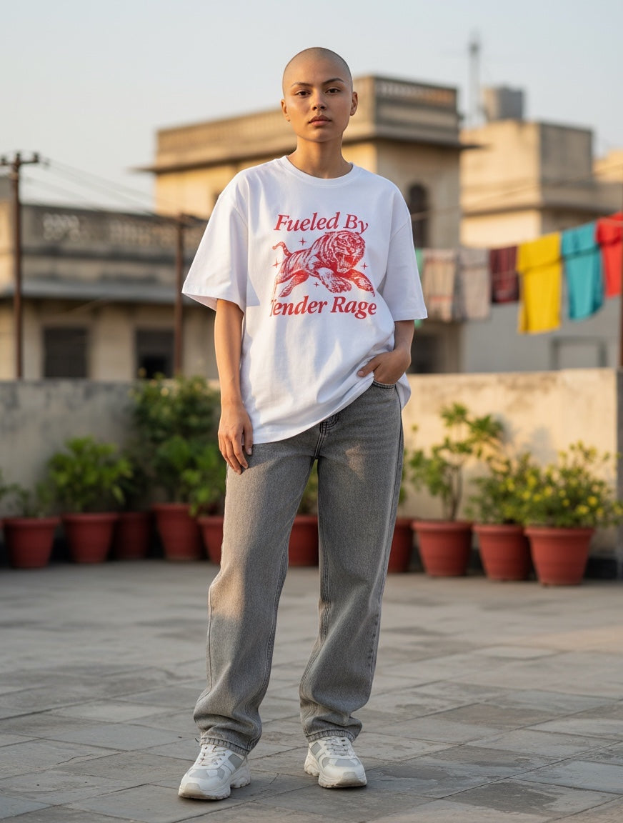 Frolic Saga white 100% cotton oversized t-shirt with red vintage tiger graphic and "Fueled By Tender Rage" slogan. Unisex streetwear fit.