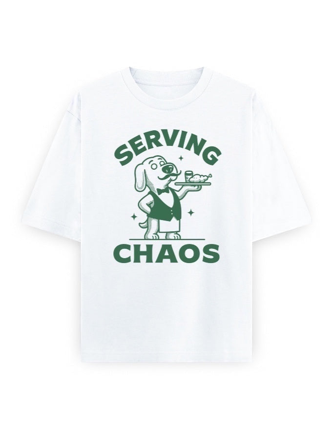 Frolic Saga white 100% cotton oversized t-shirt with a graphic of a dog in a vest serving drinks and food.