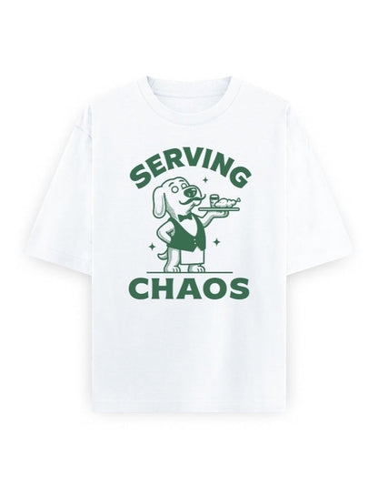 Frolic Saga white 100% cotton oversized t-shirt with a graphic of a dog in a vest serving drinks and food.